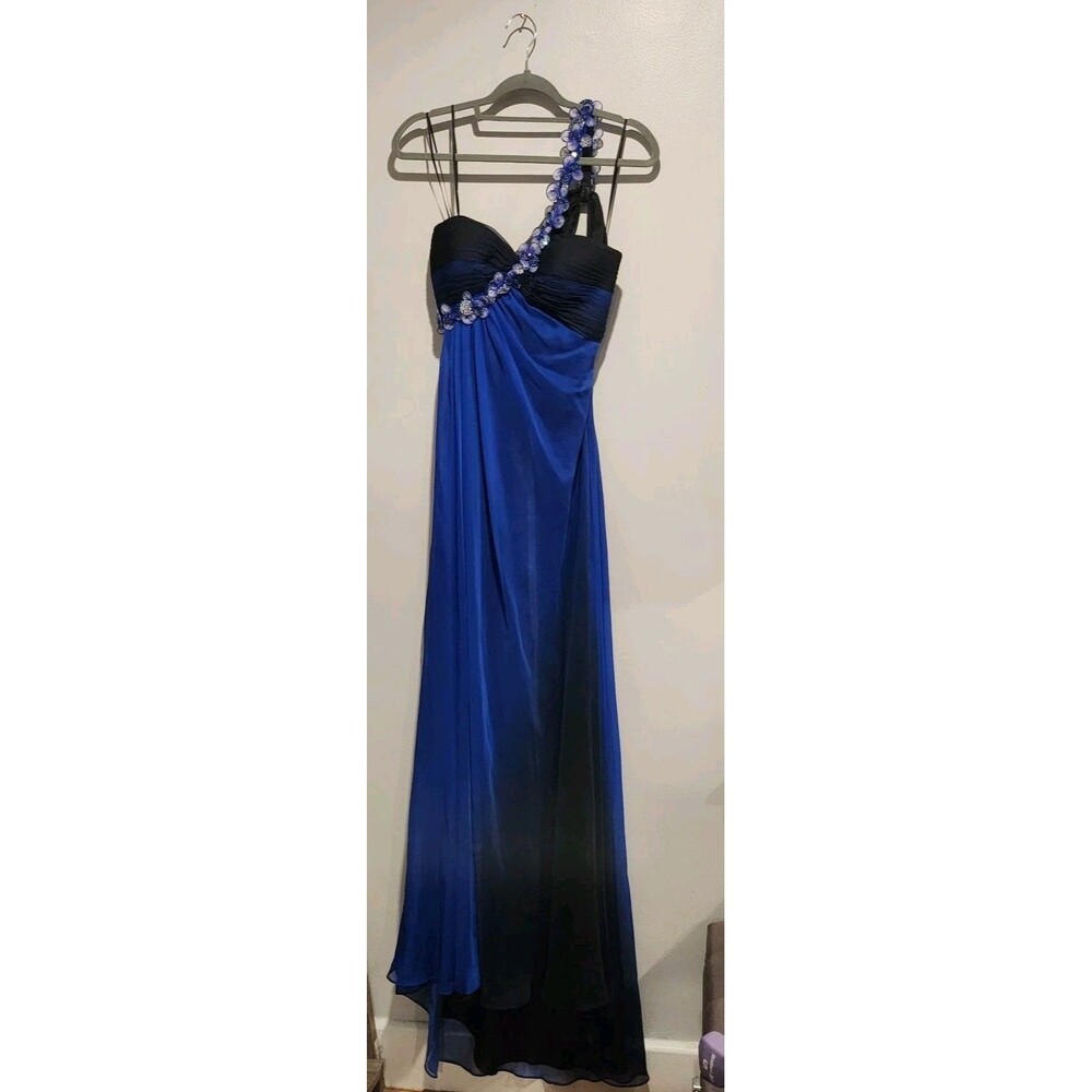 Vintage Cache Floral Blue Black Ombre Beaded One Shoulder Low Back Gown Y2K Sz 6